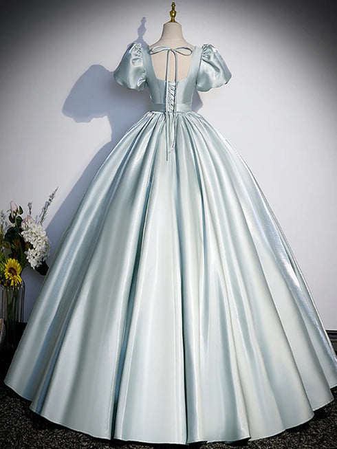 A-line Green Satin Short Sleeves Prom Dress Party Dress, Light Green Beaded Prom Dress